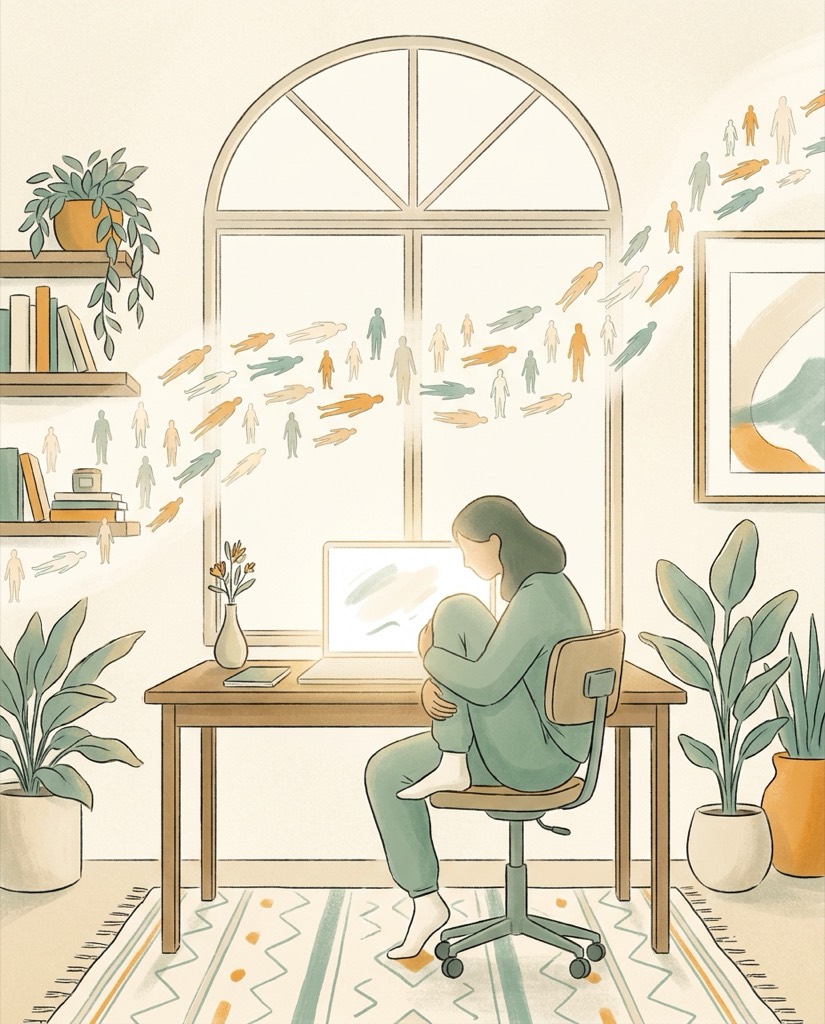 Editoriale illustratie: een coach achter een laptop terwijl bezoekers als schaduwen voorbijscrollen zonder te stoppen